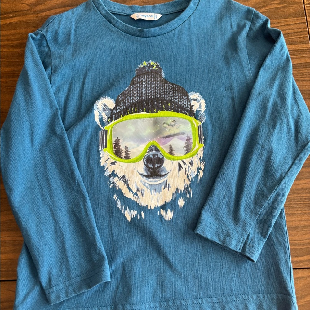 Mayoral Teal Blue Kids Long Sleeve Tee with Bear Motif